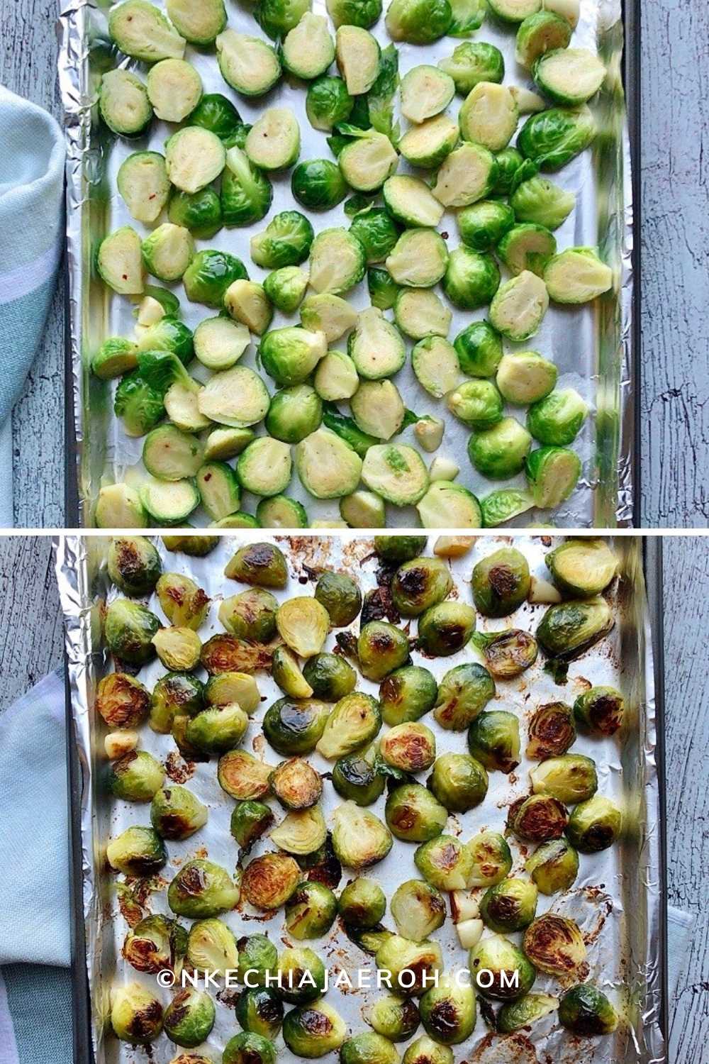 This process photo shows ready to bake/roast Brussels sprouts and perfectly baked Brussels sprouts! Yummy 