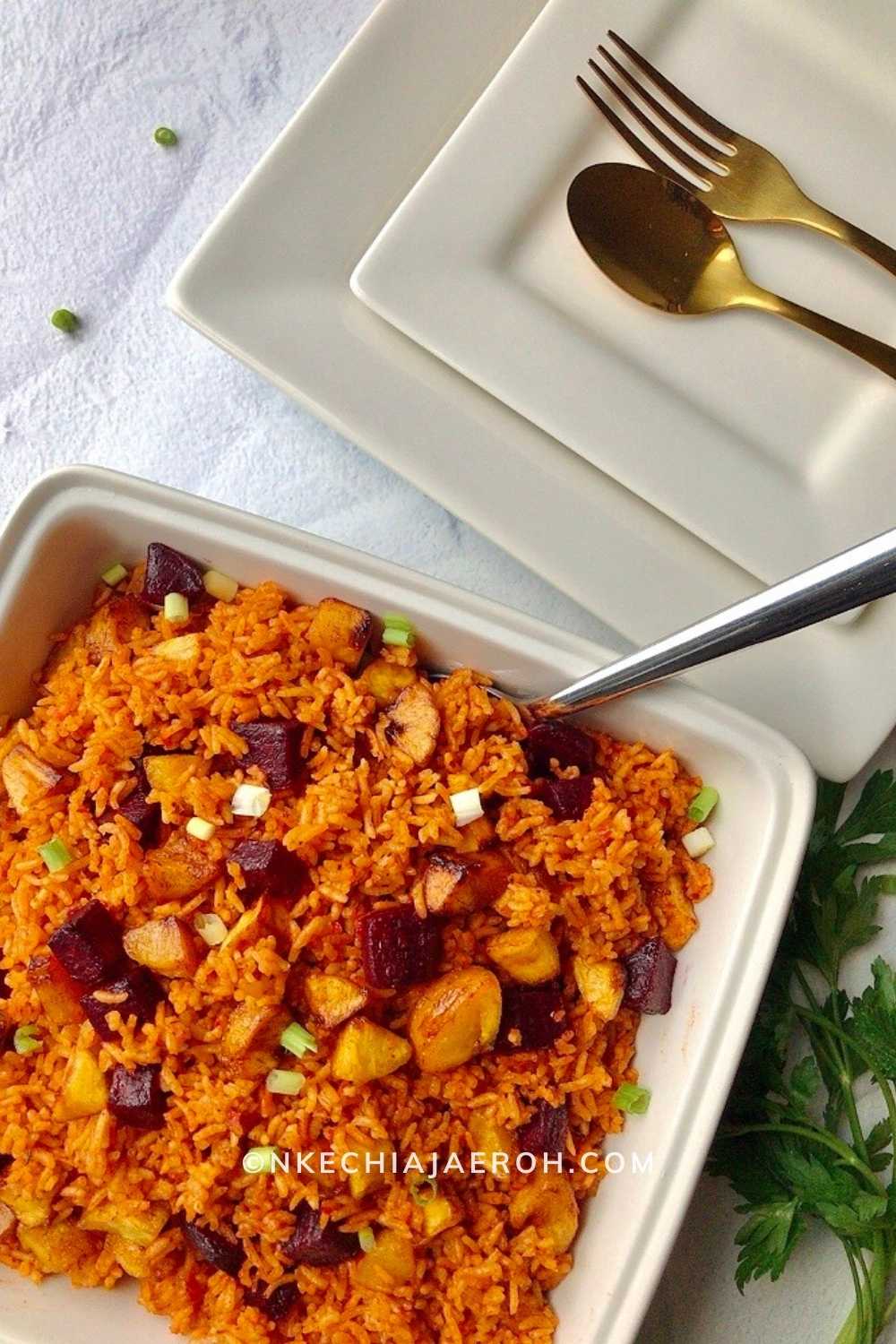 This healthy and insanely delicious brown rice jollof recipe is vegan, gluten-free, dairy-free, kosher, and the perfect side dish for every occasion. This brown rice recipe cooks very quick, and has a yummy nutty flavor. This dish is a winner, a crowd-pleaser, and hands down the best brown rice recipe! Whether you are looking for Thanksgiving side dish or Christmas side dish, this recipe is just right and perfect!
