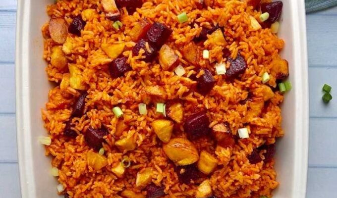 how to cook brown rice Jollof without soaking with beets and plantains