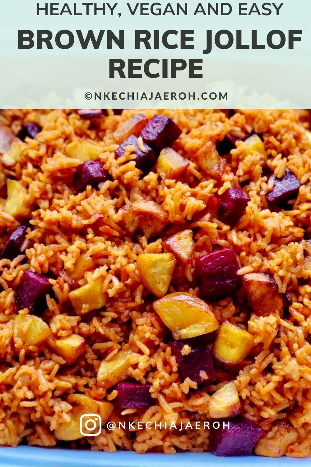 Learn how to cook this drool-worthy crowd-pleaser holiday healthy brown rice jollof side dish with beets and plantains that your entire family and guest will love and enjoy! Super easy to make, seasoned to perfection, tasty, and delicious. #Brownrice #rice #sidedish #Jollofrice