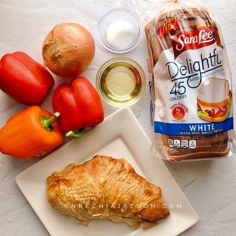 The best thing about this peppered turkey bite recipe is that it uses only 6 ingredients, yes, S I X ingredients, in other words, less time to shop and cook, and more time to relax and enjoy. Turkey breast, bell peppers, olive oil, salt, onions, and Sara Lee Keto-friendly bread