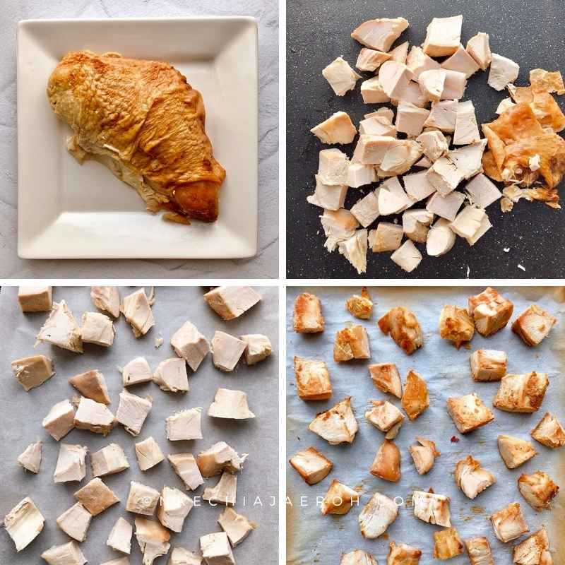 To prep the turkey, first, gently remove the turkey skin; second, cut it up in cubes or squares. Finally, place on a baking sheet, and bake to crisp up. 