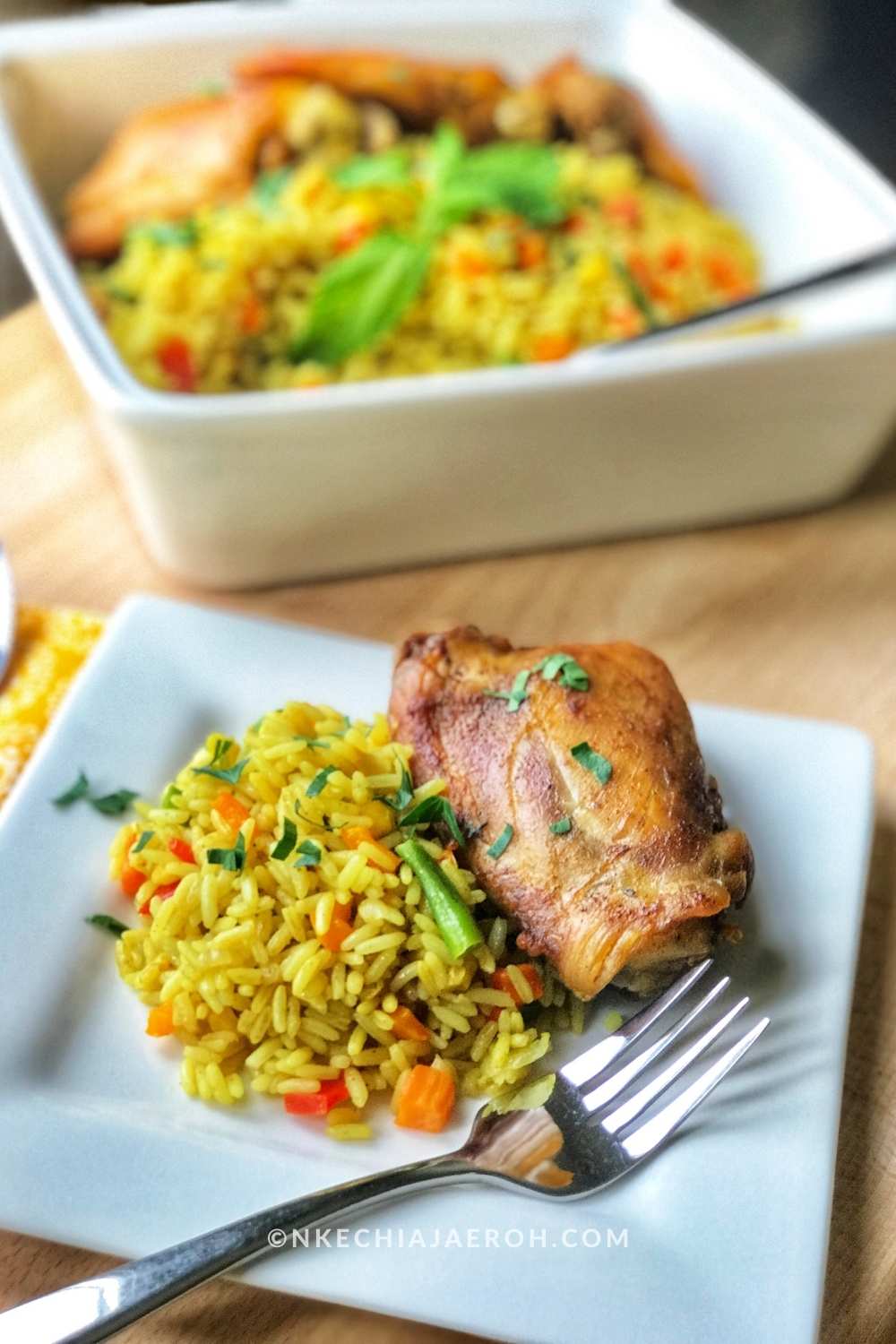 Nigerian Jollof Rice with Chicken and Fried Plantains Recipe