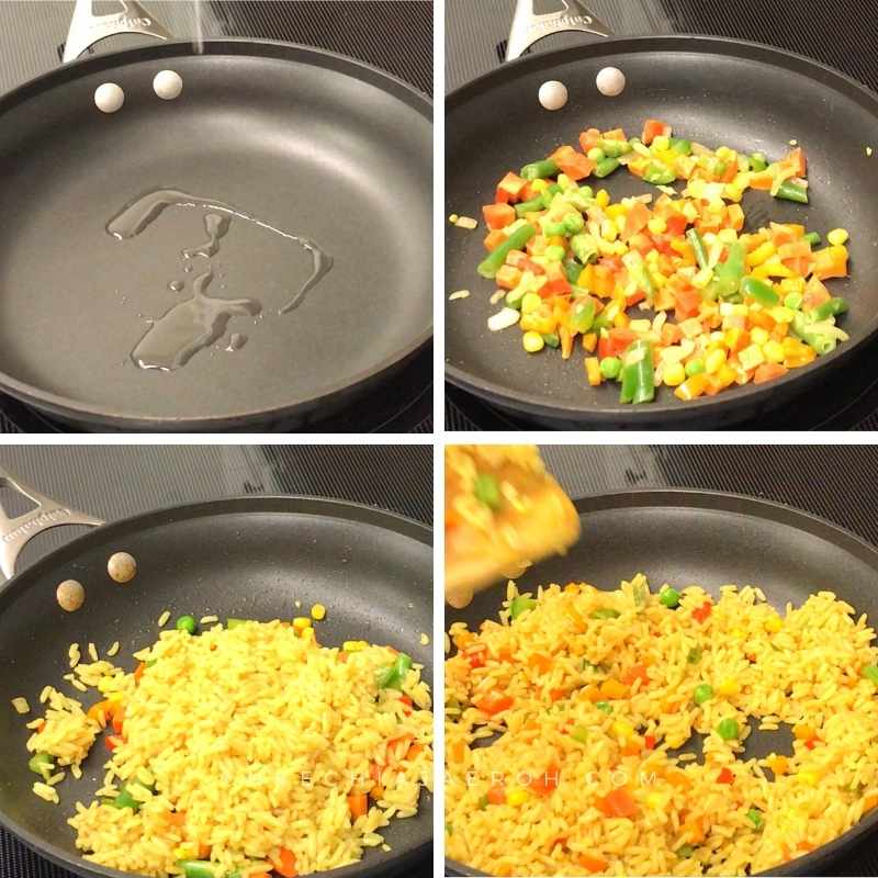 Second, fry the rice in sautéed vegetables. Yes, it is this easy to cook fried rice!