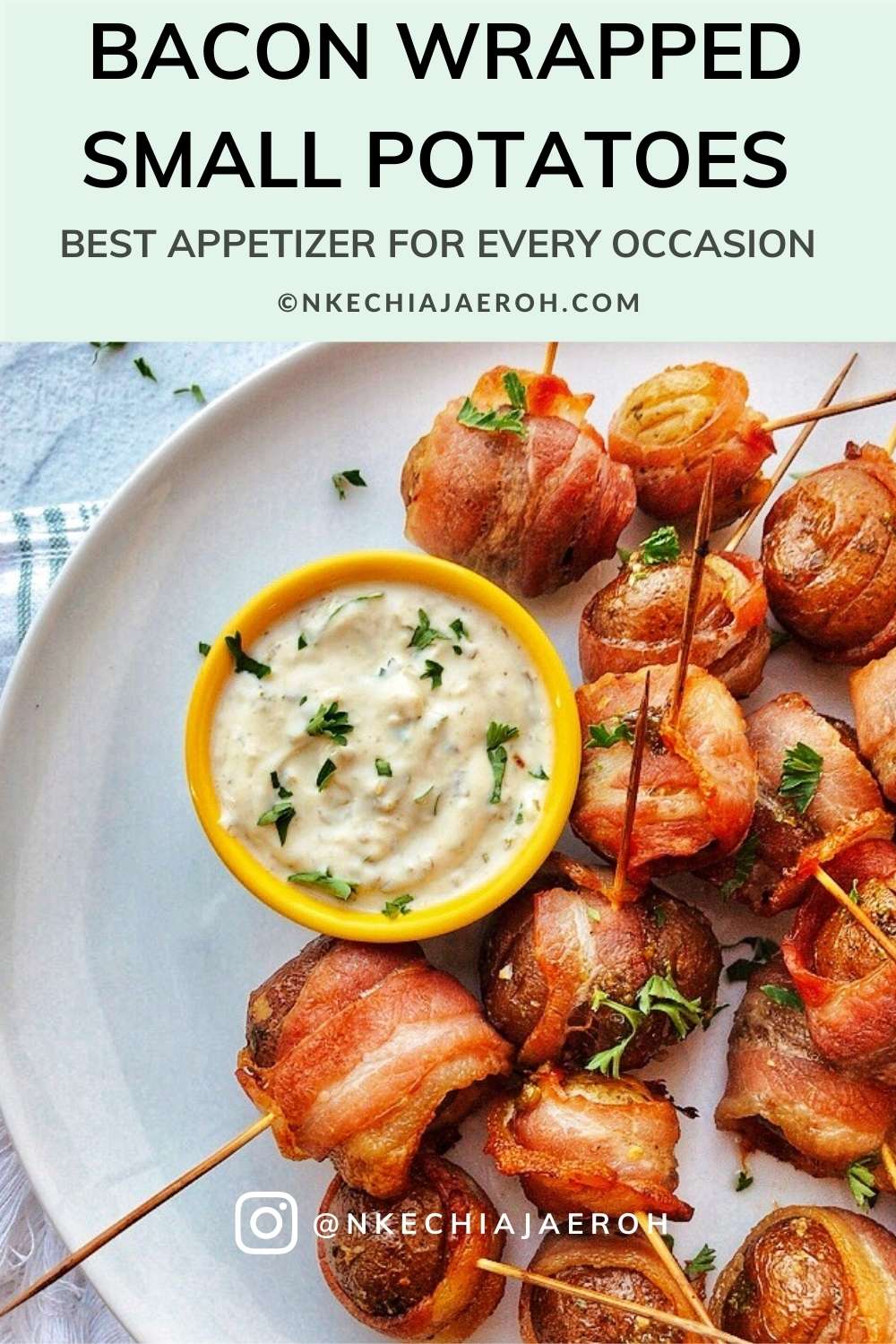 Small potatoes marinated in coconut cream parsley pesto wrapped in bacon and baked to perfection is literal heaven. These bacon wrapped small potatoes are tasty, flavorful, tender and soft inside, perfectly toasted, and crisp outside. Whether you are looking for your family’s next best appetizer, or you are looking for that perfect dish to bring to the next potluck, these babies fit just right because they would please everyone! #Potatoes #Bacon #Baconwrappedpotatoes #appetizers #smallpotatoes 