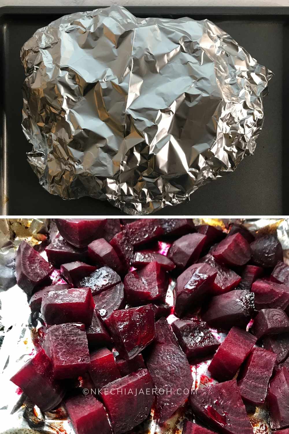 Don't like raw beets? Then roast beet - yes, you heard me! I love cooked beets as well; they are so sweet. If you struggle with eating raw beets or new to beetroot, I suggest you boil or bake the beets before adding them to your salads. Personally, I think baking/roasting helps to keep all the flavors intact. My forever tip for roasting beets is to cut them into cubes, sprinkle a little salt, and some EVOO. Wrap in foil and bake until tender; the cooking time will depend on the size of the beet. But it usually takes between 30 - 50 minutes; below is some beetroot I had roasted the other day!