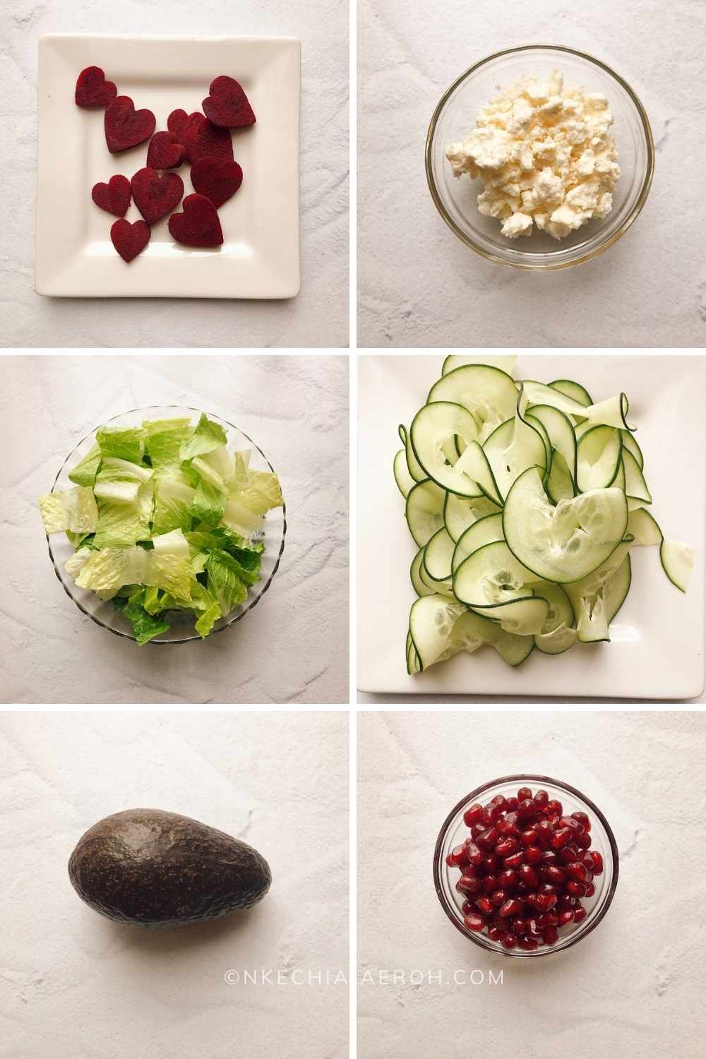 The ingredients for making this beet feta cheese salad include beetroot aka beet, feta cheese, lettuce, cucumber, avocado, and salmon. As if these weren't enough, I topped our beetroot and feta cheese salad with pomegranate seeds to make for an even more delicious and eye-catching heart-healthy salad.