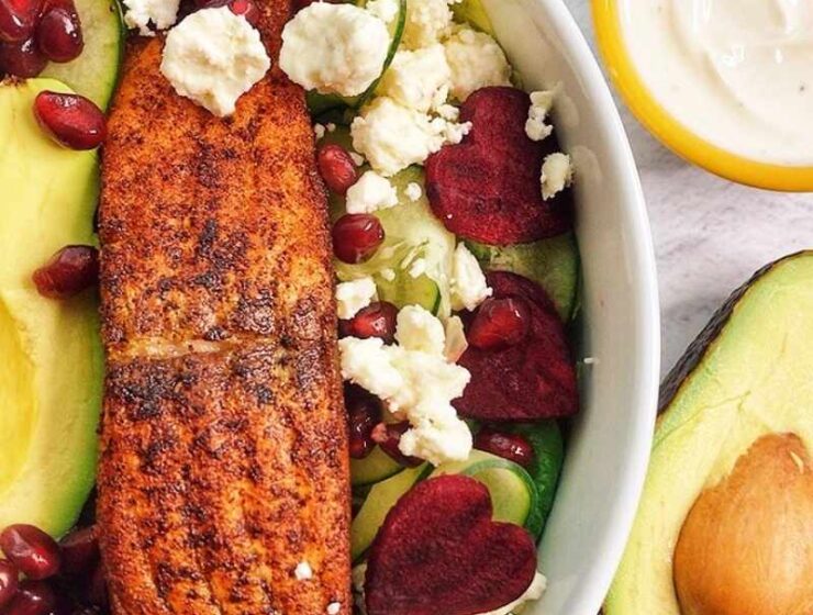 A simple heart-healthy raw beetroot and feta cheese salad are loaded with lettuce, cucumber, avocado, and salmon; serve with creamy yogurt dressing and top with pomegranate seeds, nuts, etc.! This healthy salad recipe takes less than 15 minutes to put together! Just a perfect salad for your healthy heart. Serve this on Valentine's Day or any other day you feel like treating yourself!