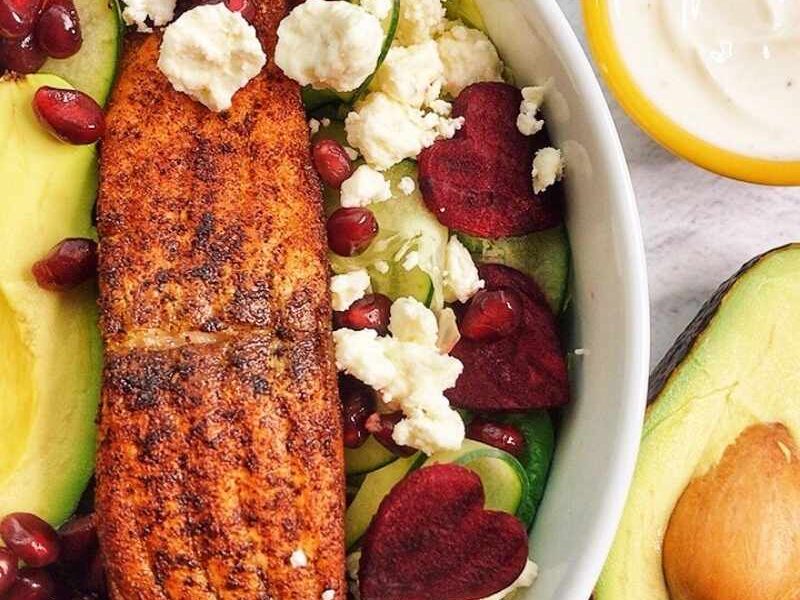 A simple heart-healthy raw beetroot and feta cheese salad are loaded with lettuce, cucumber, avocado, and salmon; serve with creamy yogurt dressing and top with pomegranate seeds, nuts, etc.! This healthy salad recipe takes less than 15 minutes to put together! Just a perfect salad for your healthy heart. Serve this on Valentine's Day or any other day you feel like treating yourself!