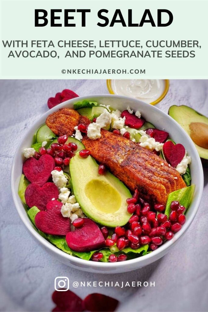 Easy to make raw beet salad with feta cheese, loaded with lettuce, cucumber, avocado, and salmon; serve with creamy yogurt dressing and top with your favorite things! I added pomegranate seeds, and it was perfect; the best part is that this recipe takes less than 15 minutes to put together. This heart-healthy beet salad is a dream!#Beet #beetroot #beetsalad #beetrootsalad #hearthealthysalad #beetsaladandfetacheese #beetrootandfetacheese #healthysaladrecipe