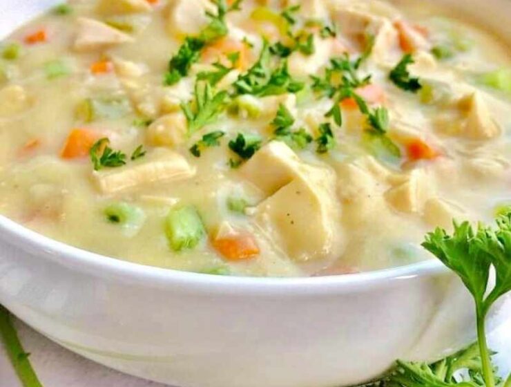 A perfect healthy chicken pot pie soup that is creamy, cozy, comforting, hearty, and very satisfying; this soup is gluten-free, dairy-free, nut-free, paleo-friendly, low-carb, and whole30-friendly. Serve this chicken pot pie soup with biscuits as we did, or crackers if you wish. This easy-to-make heart-healthy pot pie soup will keep you satisfied and wanting more at the same time!