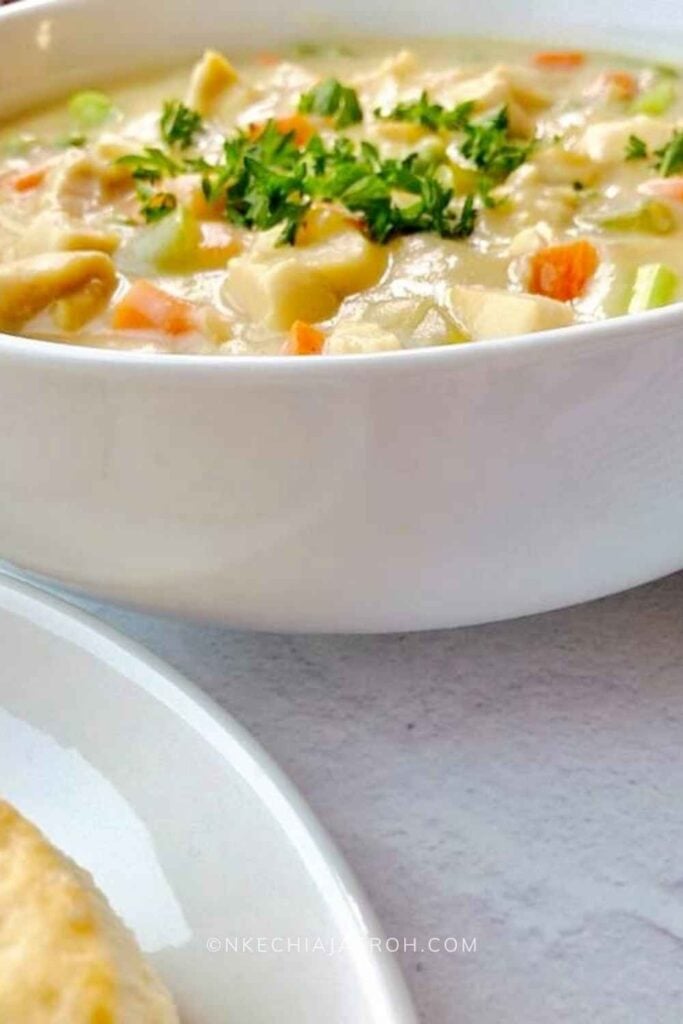 A perfect healthy chicken pot pie soup that is creamy, cozy, comforting, hearty, and very satisfying; this soup is gluten-free, dairy-free, nut-free, paleo-friendly, low-carb, and whole30-friendly. Serve this chicken pot pie soup with biscuits as we did, or crackers if you wish. This easy-to-make heart-healthy pot pie soup will keep you satisfied and wanting more at the same time!