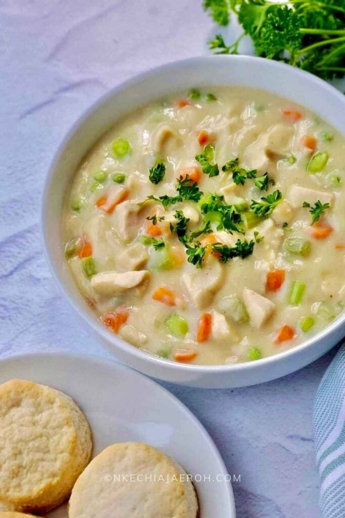A perfect healthy chicken pot pie soup that is creamy, cozy, comforting, hearty, and very satisfying; this soup is gluten-free, dairy-free, nut-free, paleo-friendly, low-carb, and whole30-friendly. Serve this chicken pot pie soup with biscuits as we did, or crackers if you wish. This easy-to-make heart-healthy pot pie soup will keep you satisfied and wanting more at the same time!