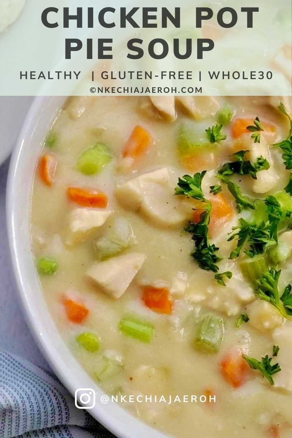 A perfect healthy chicken pot pie soup that is creamy, cozy, comforting, hearty, and very satisfying; this soup is gluten-free, dairy-free, nut-free, paleo-friendly, low-carb, and whole30-friendly. Serve this chicken pot pie soup with biscuits as we did, or crackers if you wish. This easy-to-make heart-healthy pot pie soup will keep you satisfied and wanting more at the same time! #Chickenrecipe #chickenpotpiesoup #Glutenfreerecipe #Dairyfreerecipe #Glutenfreechickenpotpiesoup #cauliflowerrecipe
