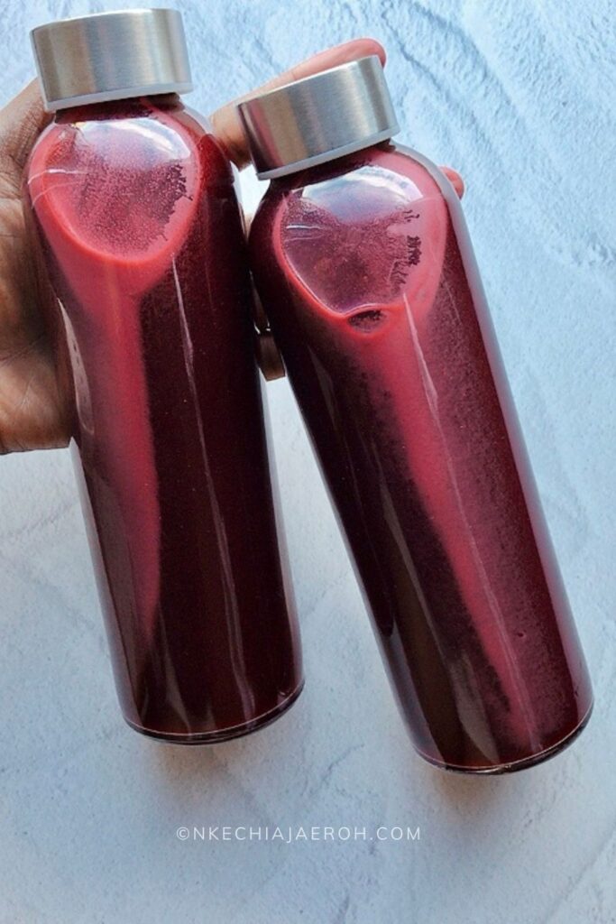 Naturally sweet and nutritious homemade beet juice recipe is loaded with raw beetroot, apple, fresh ginger, and lemon. You can easily make this recipe using a blender or juicer. This homemade beetroot juice recipe is refreshingly delicious with a touch of sweetness from the earthy beetroot and apple. And a kick of zing from the ginger and lemon! Make this healthy juice today, and thank me later! #beetrecipe #homemadebeetjuice #beetrootjuice #beets