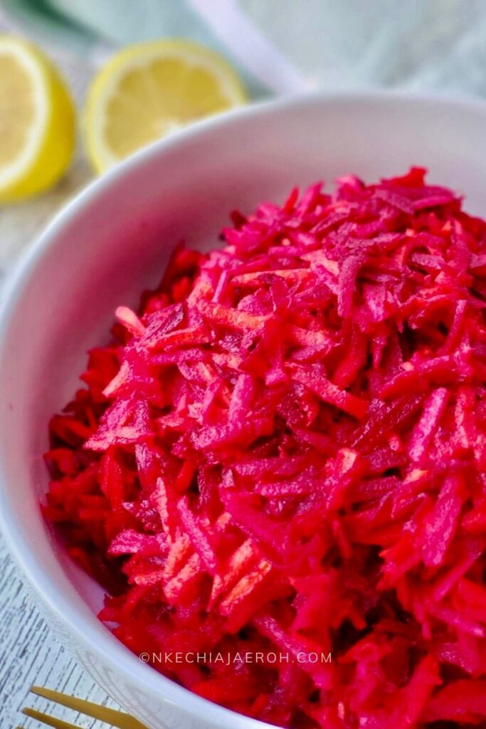 Healthy Shredded Beet Salad is low carb, vegan, gluten-free, paleo-friendly, easy to make, and nutritious! (And in my opinion, the Best Way to enjoy fresh Beetroot) This very nutritious and insanely delicious shredded beet salad with citrus dressing is perfect for lunch, dinner, or a healthy vegetable side dish. Heart-Healthy salad | Healthy Shredded Beet Salad | Low-carb | vegan | gluten-free |paleo-friendly | Nkechi Ajaeroh Salad recipe #WeightlossSalad #Beetsalad #beets #beetsrecipes