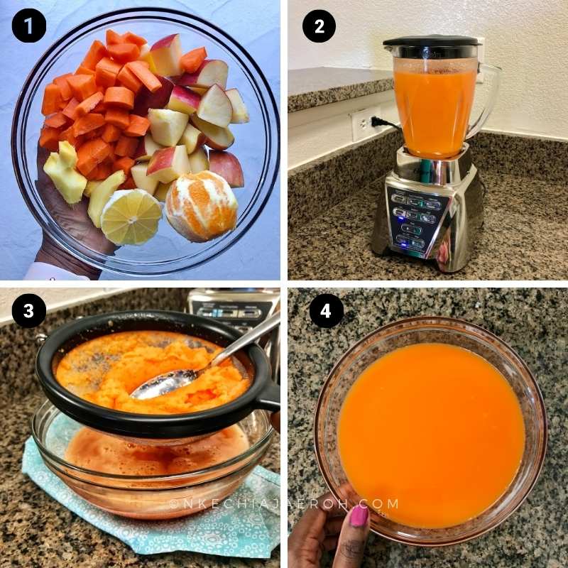 Making this juice with a blender is easy peasy, so do not fret if you do not have a juicer! First, gather all the ingredients, wash, scrape, and cut accordingly. Then add blend until smooth and sieve using a mesh sieve or nut milk bag. Chill, and serve! 