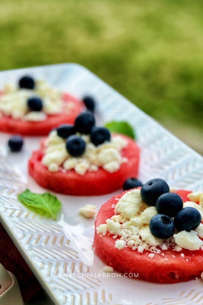 Refreshing and savory watermelon appetizer with feta and blueberry is sweet, salty, revitalizing, and satisfying! These watermelon appetizer bites are super easy to make and very cheap! Plus the fact that everyone likes it! Be warned; these fruity bites can be addictive. At the same time, this is the easiest and quickest red, white, and blue combo for the 4th of July!