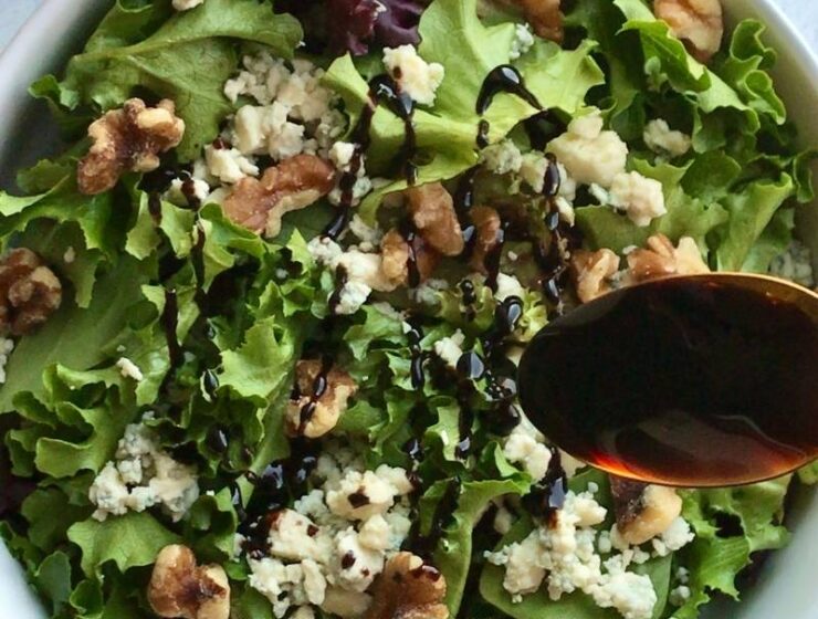 Easy to make and delightfully tasty vegetarian walnut blue cheese salad recipe requires only 4 ingredients. Walnuts, blue cheese, salad greens, and balsamic reduction! This 10-minute salad recipe is the perfect no-cook salad you need for the summer months and beyond! You can use this salad for lunch/dinner or as a side dish! Walnut blue cheese salad is a refreshingly light salad that is salty, sweet, and satisfying! Feel free to add your choice of protein for an enjoyable and comforting meal!