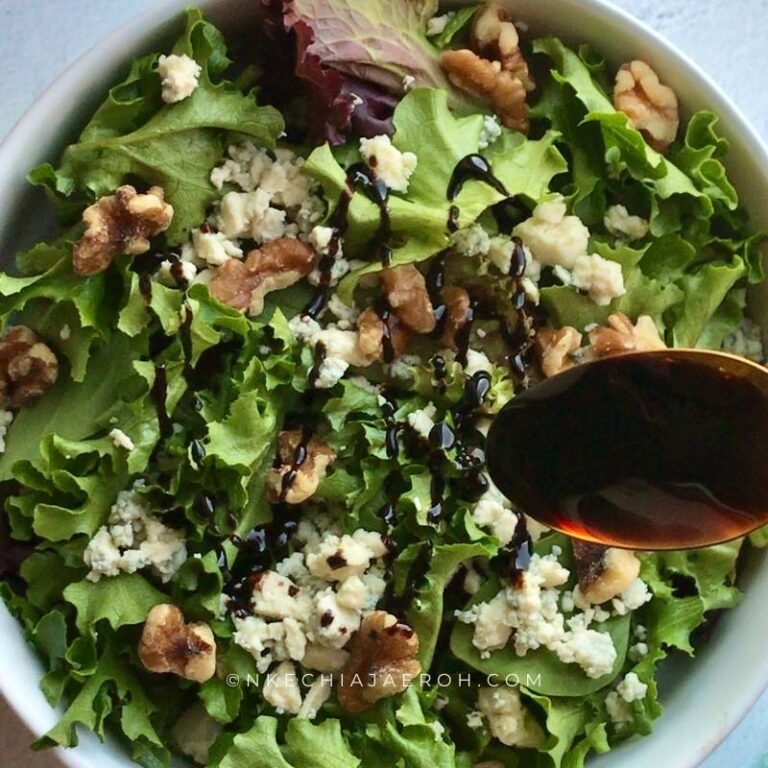 Easy to make and delightfully tasty vegetarian walnut blue cheese salad recipe requires only 4 ingredients. Walnuts, blue cheese, salad greens, and balsamic reduction! This 10-minute salad recipe is the perfect no-cook salad you need for the summer months and beyond! You can use this salad for lunch/dinner or as a side dish! Walnut blue cheese salad is a refreshingly light salad that is salty, sweet, and satisfying! Feel free to add your choice of protein for an enjoyable and comforting meal!