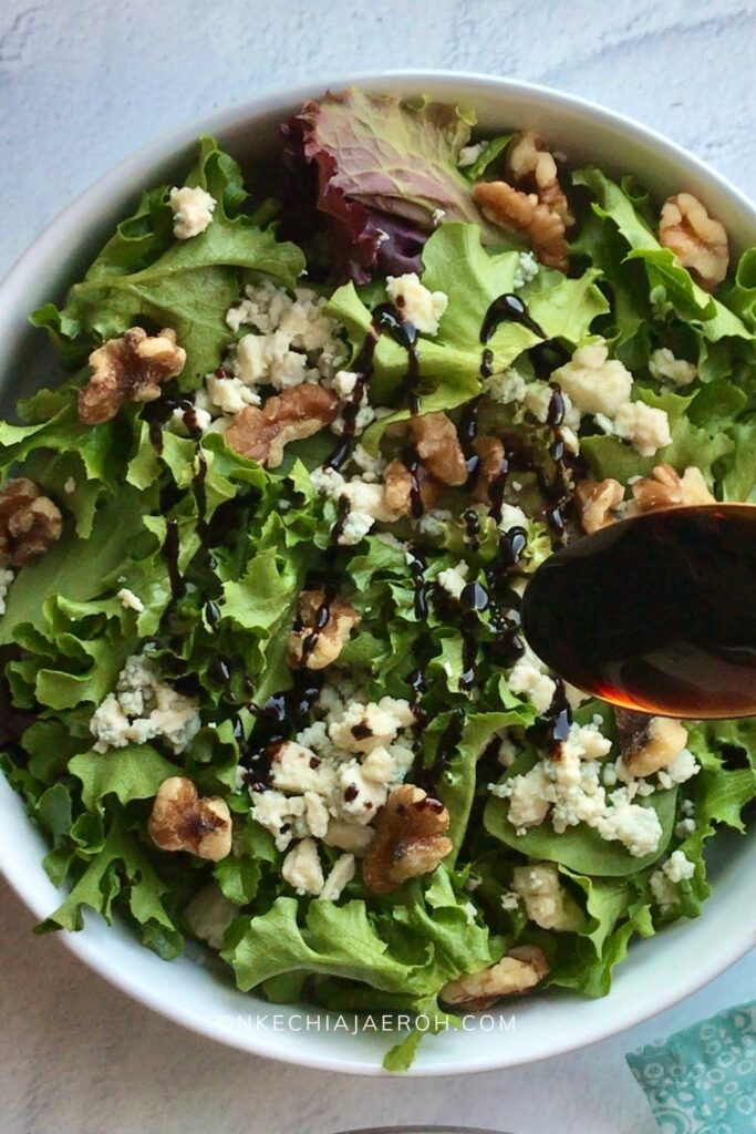 Easy to make and delightfully tasty vegetarian walnut blue cheese salad recipe requires only 4 ingredients. This healthy 10-minute salad recipe is the perfect no-cook salad you need for the summer months and beyond! You can use this salad for lunch/dinner or as a side dish! Walnut blue cheese salad is a refreshingly light salad that is salty, sweet, and satisfying! Feel free to add your choice of protein for an enjoyable and comforting meal! #Salad #bluecheesesalad #walnutsalad #walnutbluecheesesalad