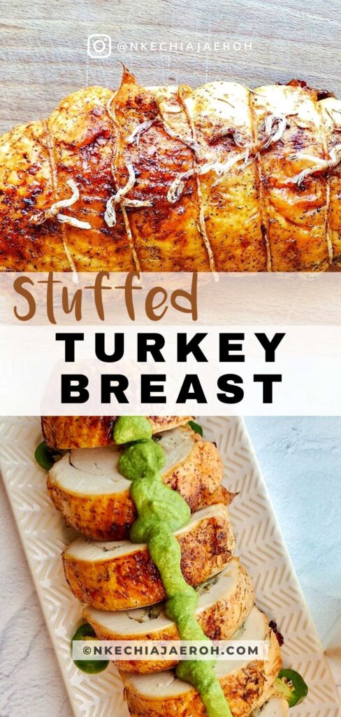 Take the stress out of your holiday cooking with this easy oven-baked stuffed turkey breast recipe. Oven roasted boneless stuffed turkey breast is moist, juicy, tender, and incredibly delicious! This simple baked turkey breast is the perfect alternative to a full-size turkey for small families during the holidays. (And beyond)! Also, making turkey breast takes way less time than a whole turkey. Yet very flavorful and perfect for a small gathering! With its crispy skin tender inside, your whole family is going to love this well-seasoned turkey meat! #turkeybreast #ovenroastedturkey #thanksgivingturkey #bonelessturkeybreast #holidays