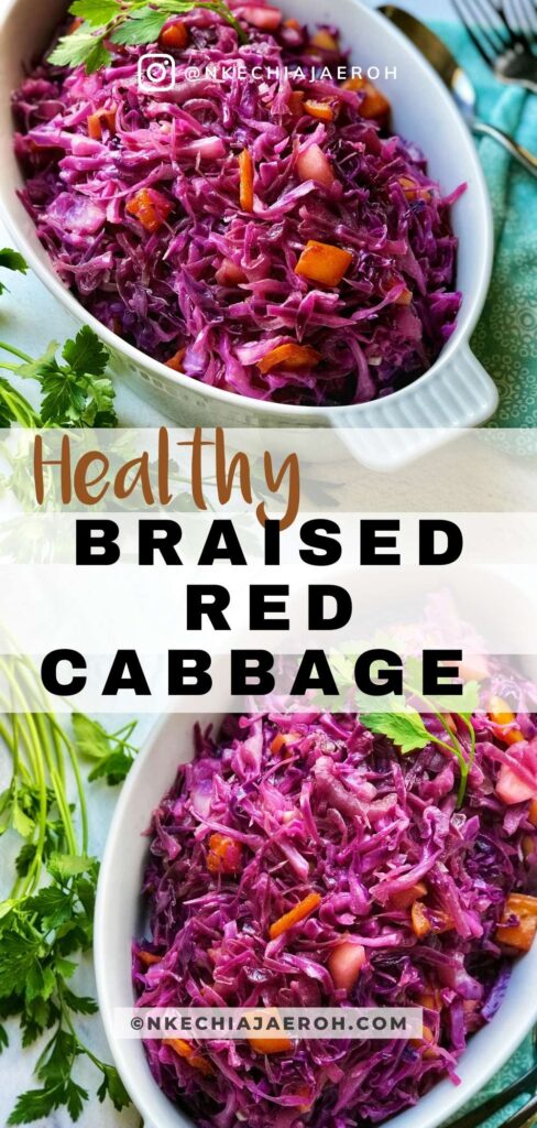 Easy healthy braised red cabbage with apples and red onions is the best side dish ever! It's savory, sweet, a little sour, tangy, and wonderfully complements every main dish. This recipe is vegan, gluten-free, refined sugar-free, keto – friendly and packed with flavorful herbs and spices.  Look no further for a fabulous + tasty, healthy side you need for the holidays especially Thanksgiving and Christmas. Also, it comes together so quickly! #Cabbage #Braisedcabbage #healthysidedish #sidedish 