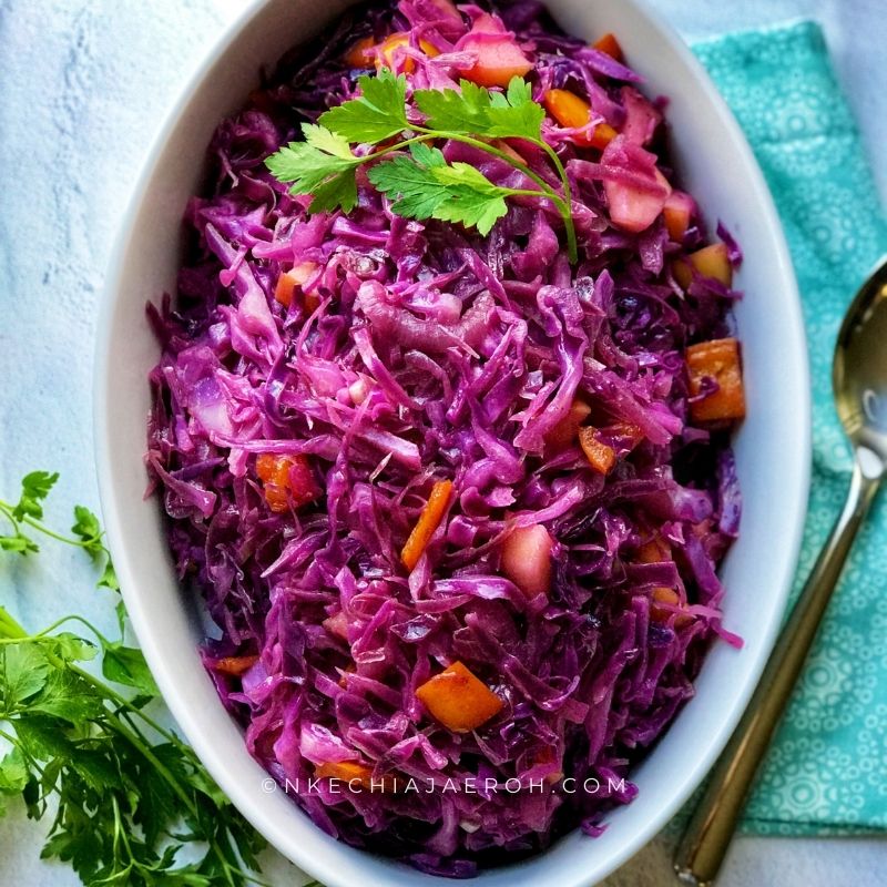 Super easy healthy braised red cabbage with apples and red onions is the best side dish ever! It's savory, sweet, a little sour, tangy, and wonderfully complements every main dish. This recipe is vegan, gluten-free, refined sugar-free, keto – friendly and packed with flavorful herbs and spices. Look no further for a fabulous + tasty, healthy side you need for the holidays especially Thanksgiving and Christmas. Also, it comes together so quickly! #Cabbage #Braisedcabbage #healthysidedish #sidedish