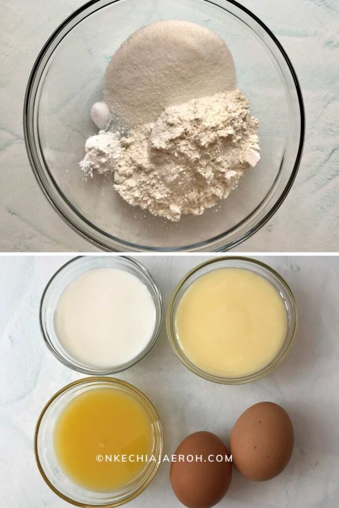 all-purpose flour, sugar, baking powder, salt, milk, orange juice, butter and eggs