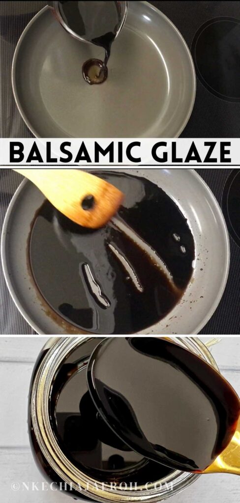 Easy balsamic glaze, aka balsamic reduction is sweet, tangy, and makes a perfect sauce for salads, roasted vegetables, chicken, or fish. This homemade balsamic reduction aka, balsamic glaze, comprises only one ingredient – balsamic vinegar. Eventually, balsamic vinegar becomes balsamic glaze after it slowly simmers and reduces to about 75% of the original content. It becomes thick, glossy, and intense in both flavor and color. #Balsamicglaze #balsamicreduction #balsamicdrizzle #balsamicsauce #Homemadebalsamicreduction 