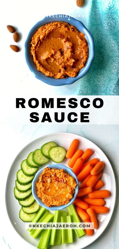 Romesco sauce (romesco dip) is a rich Spanish sauce that can literally wake up any dish. It is sharp, bold, zesty, and full of flavors from roasted red peppers, charred or sundried tomatoes, nuts, herbs, and seasonings! Traditional romesco sauce recipe includes oil. Flour or ground stale bread thickened Spanish romesco sauces; they are the perfect sauce or dip for fish, meat, vegetables, and crackers. #Sauce #Romescosauce #Spanishromesco #romescorecipe #romesco #homemaderomescosauce #romescodip 