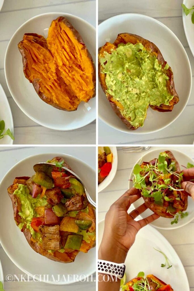 Step eight. Serve whole30 air fryer beef tips, and air fryer baked sweet potatoes warm. First, use a knife and half the sweet potatoes straight in the middle. Use a fork to make space to spread mashed avocado and a heap of air-fried beef tips. Garnish with chopped parsley or microgreens. 