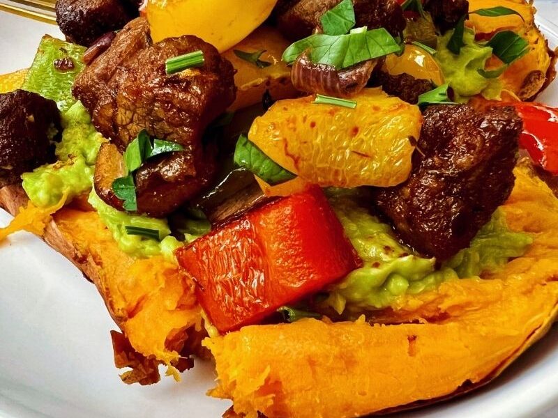 Naturally, whole30 air fryer beef tips and air fryer baked whole sweet potatoes are the ultimate filling and satisfying healthy comfort food you will enjoy! Look no further for a wholesome and nutritious air fryer meal as these easy finger-licking good beef tips and tender air fryer baked sweet potato combo cook in 30 minutes! Nutrient-packed, easy to make, flavorful, and tasty, this recipe is the perfect weeknight dinner meal for two! #beeftips #steaktips #steakbites #airfryerbeeftips #airfryersteakbites #airfryersteak #beefrecipe #whole30