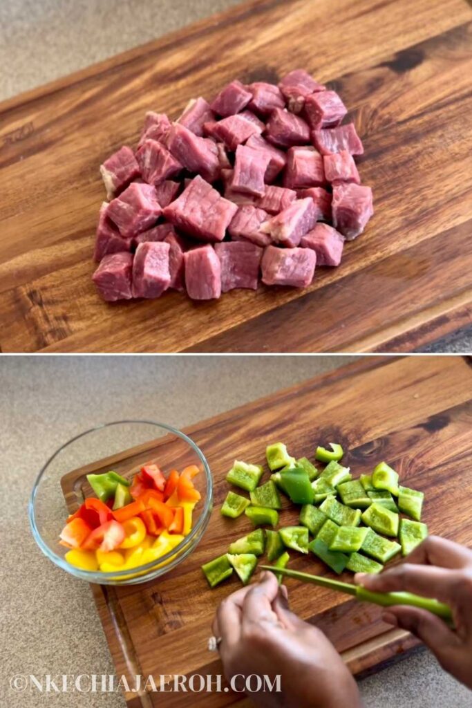 Step one: wash and cut the bell peppers and meat. Set them aside