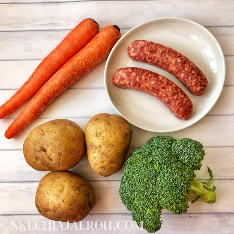 Air Fryer Potatoes and Sausage main Ingredients include Potatoes, Carrots,  Broccoli. and Raw Mild Italian Sausage links (you can use fully cooked sausage. If using fully cooked sausage add it towards the end)