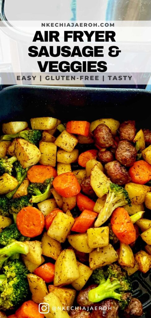 Easy, mouth-watering air fryer potatoes, sausage, carrots, and broccoli meal is the perfect lunch or dinner any day! The sausage and vegetables are perfectly crisp on the outside, tender on the inside, flavorful, and satisfyingly delicious. Air-fried potatoes, sausage, and carrots are ideal for the entire family to enjoy on those busy weekday/weekend lunches or dinners. This recipe is kids-approved. It comes through quickly as making a complete meal in the air fryer is easy peasy! #airfryerrecipe #airfryerrecipes #airfryersausage #airfryerdinner #easydinnerrecipes #easylunchrecipes #sausageandpotatoes #airfryerpotatoes #airfriedmeal