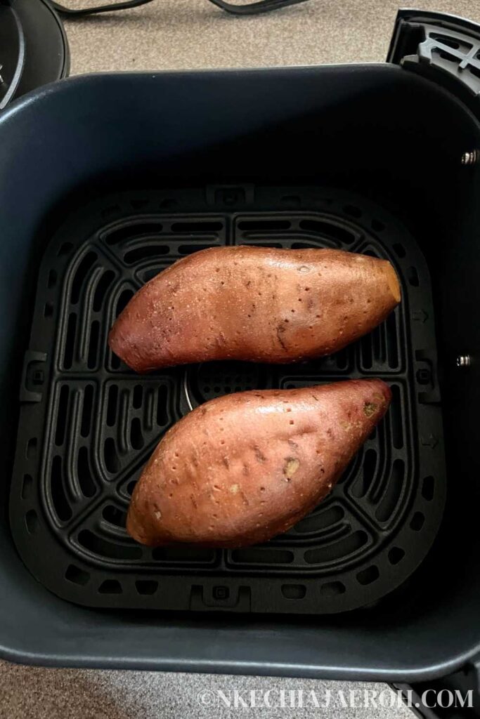 Step four: Preheat the air fryer to 350 degrees and set the time to 30 minutes. Place the sweet potatoes in the air fryer basket and cook for the next 15 minutes.