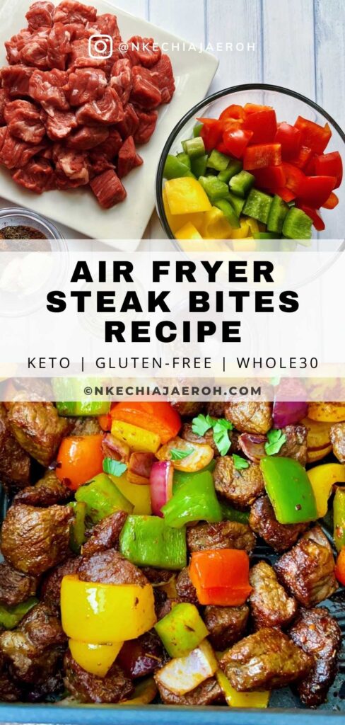 A simple recipe of steak bites in an air fryer with bell peppers, onions, herbs, spices, and cooks in less than 15 minutes is the satisfying pick-me-up dish you want on your table today! Air-fried steak bites and peppers are tasty, flavorful, colorful, scrumptious, crispy, shiny, juicy, and just finger-licking good! These steak bites are equally keto, gluten-free, whole30, and sugar-free. Cooking pepper steak, aka steak bites or beef tips, is easy and comes through quickly in an air fryer. I hope you can give these air fryer steak bites a try!  #Steakbites #Steak #Peppersteak #Steakrecipe #beefbites #Beeftips #airfryersteak 