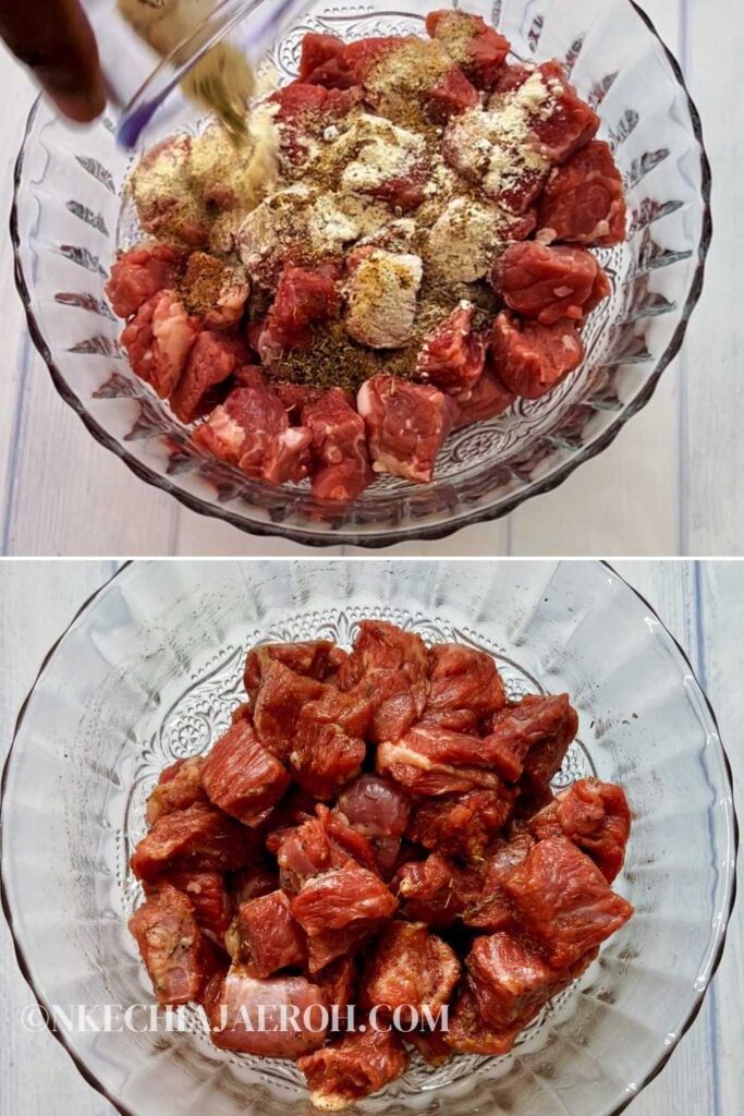 Step two: place the meat in a bowl. Add one tablespoon, avocado oil, or EVOO, and the meat seasoning ingredients. Combine very well and set aside to marinate.
