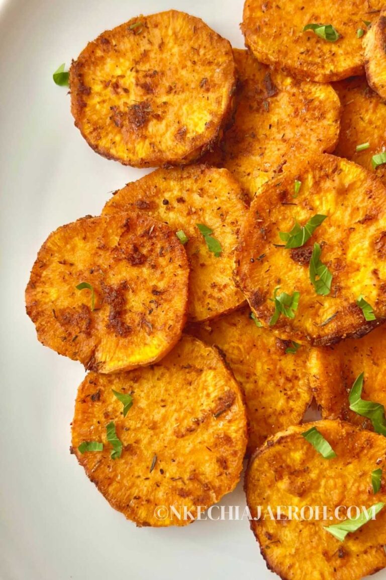 These buttery air fryer sweet potato slices are the best potato side dish and so worth it! Crispy, buttery, and tender sweet potato slices in air fryer are easy to make, come through very quickly, and are absolutely satisfyingly addictive! If you are a sweet potato lover, then you are in for a treat because these sliced air fried sweet potatoes are heaven. They are fantastic for any main dish, snack, or simply add some to salad bowls, lunches, or casserole and enjoy! #sweetpotatoslices #sweetpotatorounds #sweetpotatorecipe #sidedish #healthysidedish