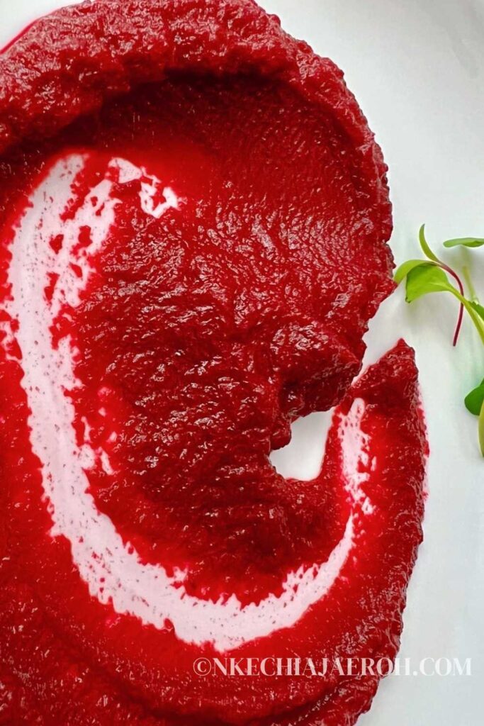 Silky red beet puree, aka beetroot puree, is simply a recipe of pureed cooked beets, coconut milk, fresh garlic, salt, and pepper. Red beet puree is sweet, savory, flavorful, colorful, and comes with a perfect kick of freshness from the fresh raw garlic. Red beet puree recipe is easy to make; easily peel and cut up a couple of raw red beets, boil to soften, and then blend the boiled beets to become creamy and smooth! Healthy beet side dish is ready in less than 40 minutes. Serve pureed beets with salmon, meat, or any choice of main. #Beet #Beetpuree #Pureedbeet #Gardenbeet #Beetrootpuree #pureedbeetrot #Beetsidedish #Beets #beetrecipe #vegetablesidedish