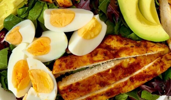 This 4-ingredient spring mix salad with air fryer chicken breast and apple cider vinaigrette is fresh, flavorful, and easy to make. You need spring mix salad greens, air fryer chicken breast, air fryer boiled eggs, and avocado. This spring mix salad recipe is a healthy keto/low-carb salad recipe you need in your arsenal. It is also gluten-free, dairy-free, and perfect for meal prep. You can prep all the ingredients individually at the start of the week and then assemble them for an easy weekday lunch or dinner. #springmix #airfryerchickenbreast #salad #airfryerboiledeggs