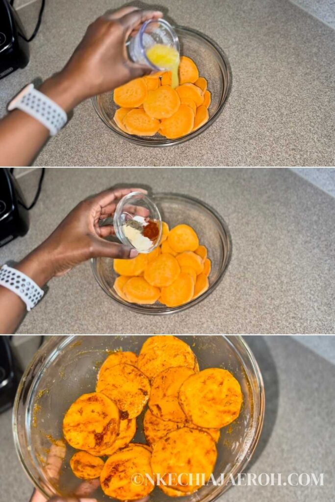 Step three: season sweet potato slices.