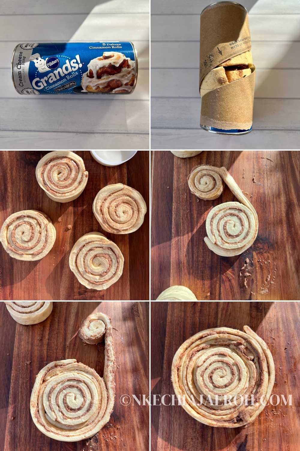 Open and separate the Pillsbury deluxe cinnamon rolls, place one in the center and wrap the three others around it.