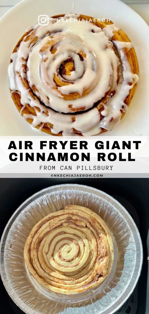 The air fryer giant cinnamon roll is perfect for a weekend breakfast; it is delightful, fun, easy to make, and gorgeous! All you need to make this huge cinnamon roll is a can of Pillsbury deluxe cinnamon rolls and your air fryer. I really love the idea of a cake-looking cinnamon roll. And the best part is that making extra-large cinnamon rolls in the air fryer requires only one ingredient! #Giantcinnamonroll #extralargecinnamonroll #cinnamonrolls #airfryercinnamonroll #airfryerrolls 