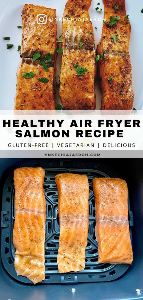 Air fryer salmon is easy, quick, tasty, and cooks in less than 10 minutes. This best healthy salmon recipe has a crisp outside and flaky + tender inside! Air-fried salmon is flavorful, tasty, light, and perfect with any side dish! This is genuinely the best healthy salmon recipe; also, it is low-carb, keto, gluten-free, dairy-free, soy-free, and nut-free!  Cooking salmon in an air fryer is the best thing for salmon as you have a restaurant-quality salmon fillet.  Tender and flaky with crispy and crusty edges – delish!  Healthy air-fried salmon is just the best! #Salmon #seafood #Airfryersalmon #Fishrecipe #salmonrecipe #healthysalmonrecipe 