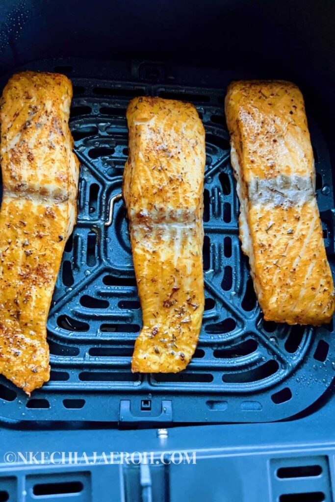 Always essential to use a meat thermometer to check for doneness. Insert the meat thermometer to the thickest part of the fish, and if it measures 125 – 130 Fahrenheit, then this healthy salmon is ready! 