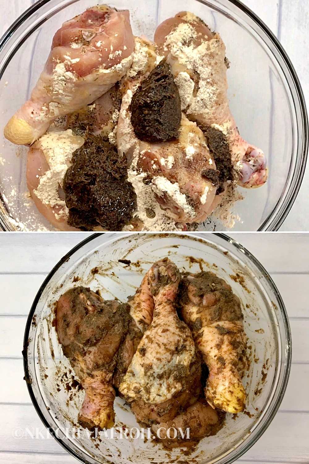 Add all the ingredients to the chicken. Then while wearing gloves, use your hands to combine. Allow chicken to marinate for up to 2 days or air fry immediately.