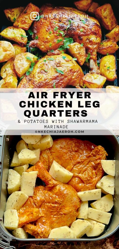 Flavor-packed, colorful, tasty, and satisfying chicken leg quarters and potatoes with shawarma spices are delish! This easy one-pot air fryer chicken and potato meal make an excellent lunch or dinner for you and your family! Traditional shawarma spices can instantly catapult any chicken recipe to the next level. This chicken and potatoes with shawarma marinade are so easy to make in the air fryer, and I hope you can give it a try! #Chickenshawarma #Chickenlegquarters #airfryerchicken #shawarma #shawarmamarinade #chickenrecipes