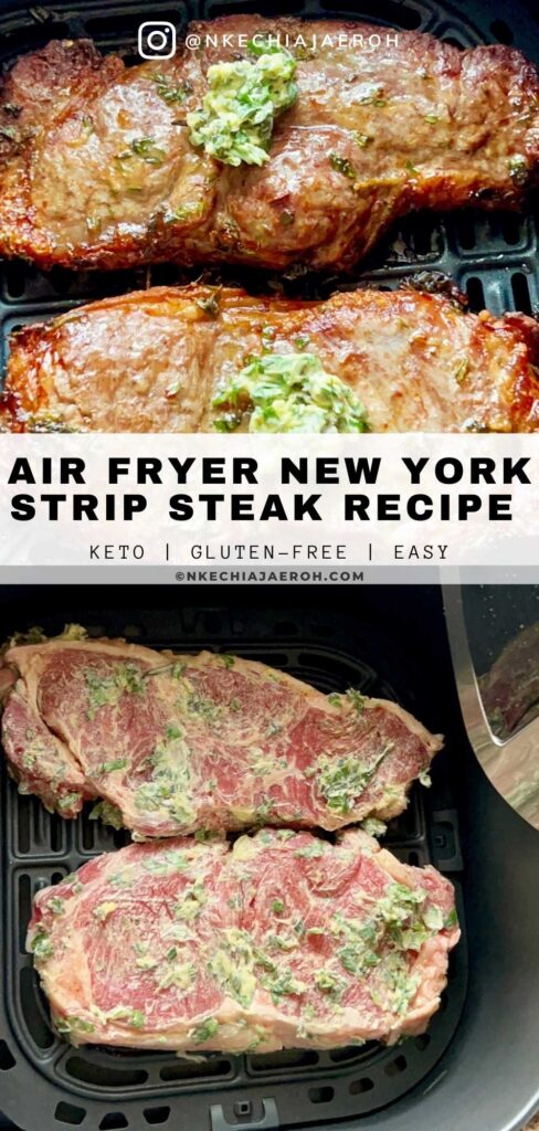 Air fryer New York strip steak is juicy, moist, tender, tasty, and packed with flavors from the garlic herb butter. New York Strip Steak cooked in the air fryer is perfectly seared on the outside and juicy inside. This easy air-fried steak recipe in the air fryer is a must-try! #Newyorkstripsteak #NYStripSteak #Stripsteak #Airfryersteak #steakrecipe 